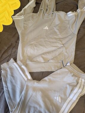 adidas Beig Hooded Sweatshirt and Jogger Set with White Stripes